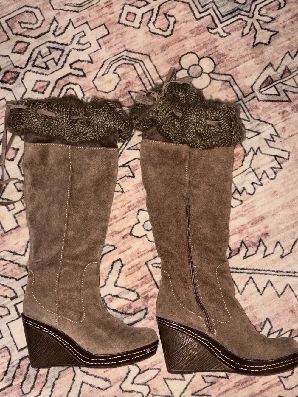 Suede brown tall wedge boots